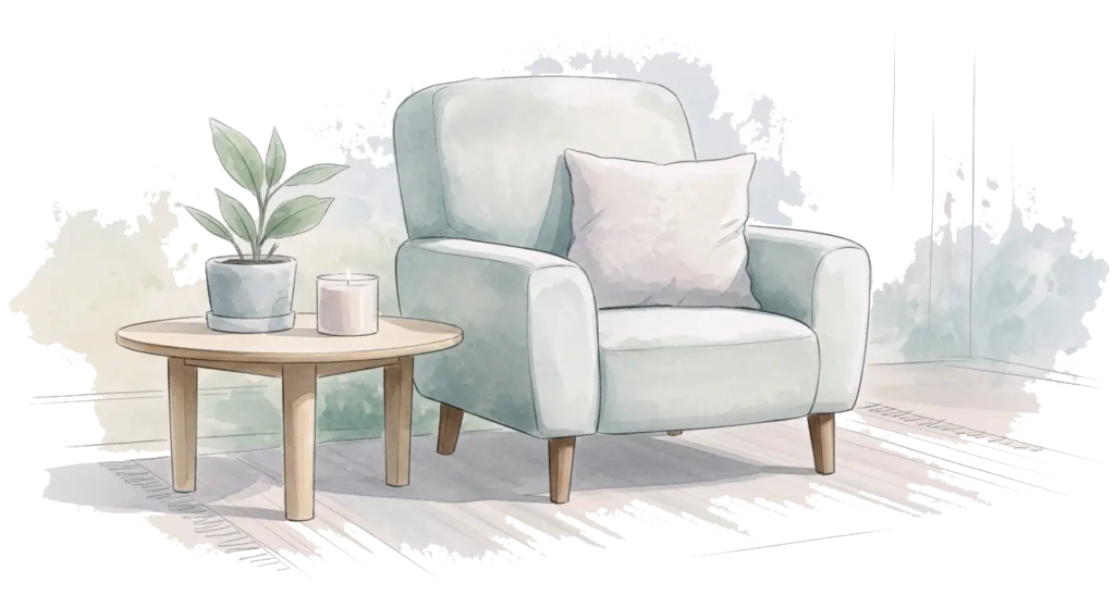 Comfortable therapy chair in peaceful room representing welcoming online therapy space