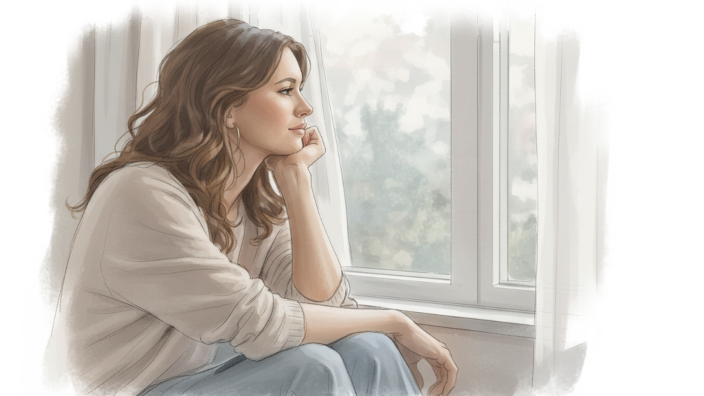 Person contemplating therapy while looking out window, representing thoughtful decision to seek support