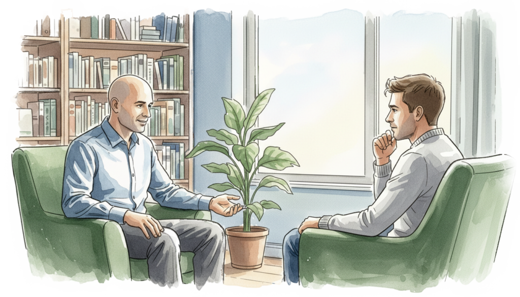 Two people in therapy session having collaborative conversation in comfortable office setting