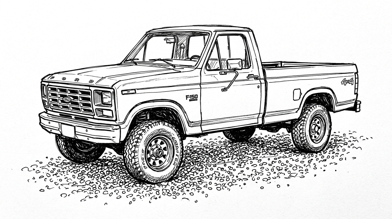 Ink sketch illustration of a 1983 Ford F-150 4x4 single cab pickup truck on gravel — representing memory, what grounds us, and the things that matter before we have language for them, for the F-150 blog post by Craig Steckowski, LMFT