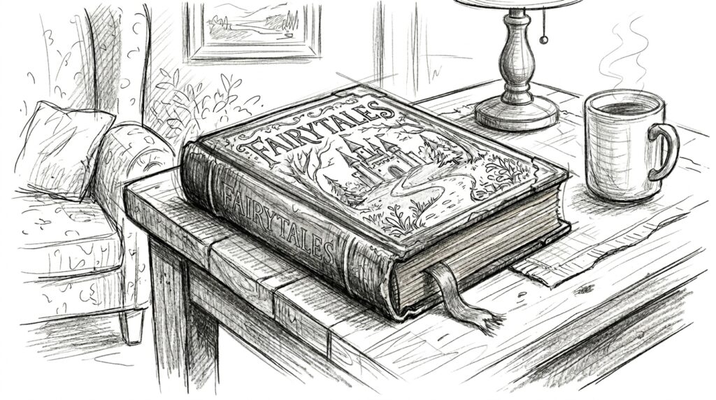 Pencil sketch illustration of a worn Fairytales book with a ribbon bookmark sitting on a rustic coffee table beside a steaming mug — representing the effortless love myth, for the Love Shouldn't Be This Hard blog post by Craig Steckowski, LMFT