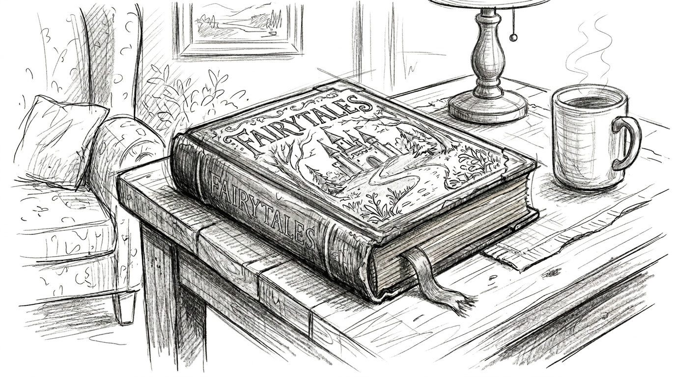Pencil sketch illustration of a worn Fairytales book with a ribbon bookmark sitting on a rustic coffee table beside a steaming mug — representing the effortless love myth, for the Love Shouldn't Be This Hard blog post by Craig Steckowski, LMFT