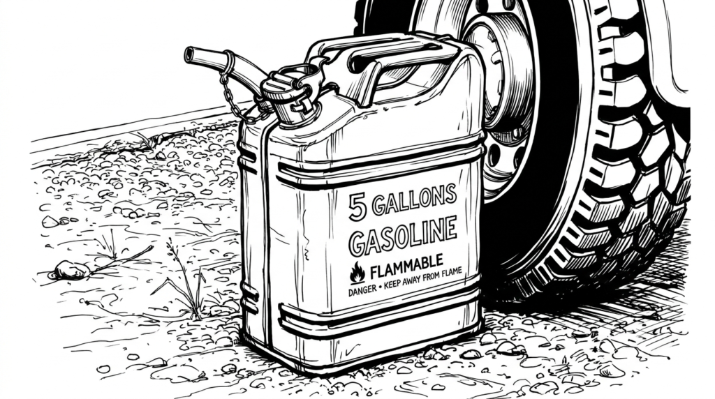 Gas can sitting on gravel beside a truck tire on the side of the road — illustration for blog post about relationships, connection, and couples therapy.