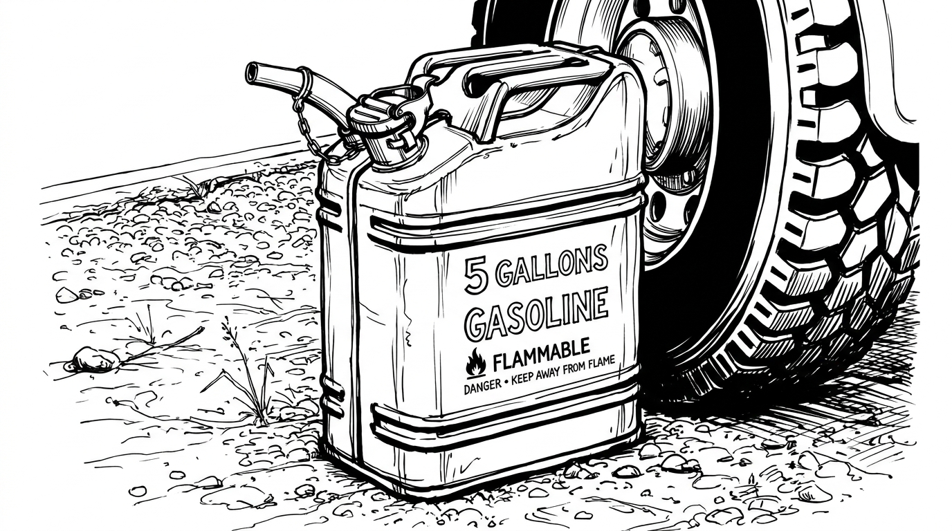 Gas can sitting on gravel beside a truck tire on the side of the road — illustration for blog post about relationships, connection, and couples therapy.