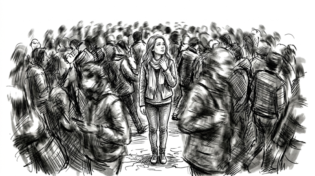 Line art illustration of a young woman standing clearly defined and still in the center of a blurred, moving crowd — representing the longing to be truly known and accepted, for the God Only Knows blog post by Craig Steckowski, LMFT