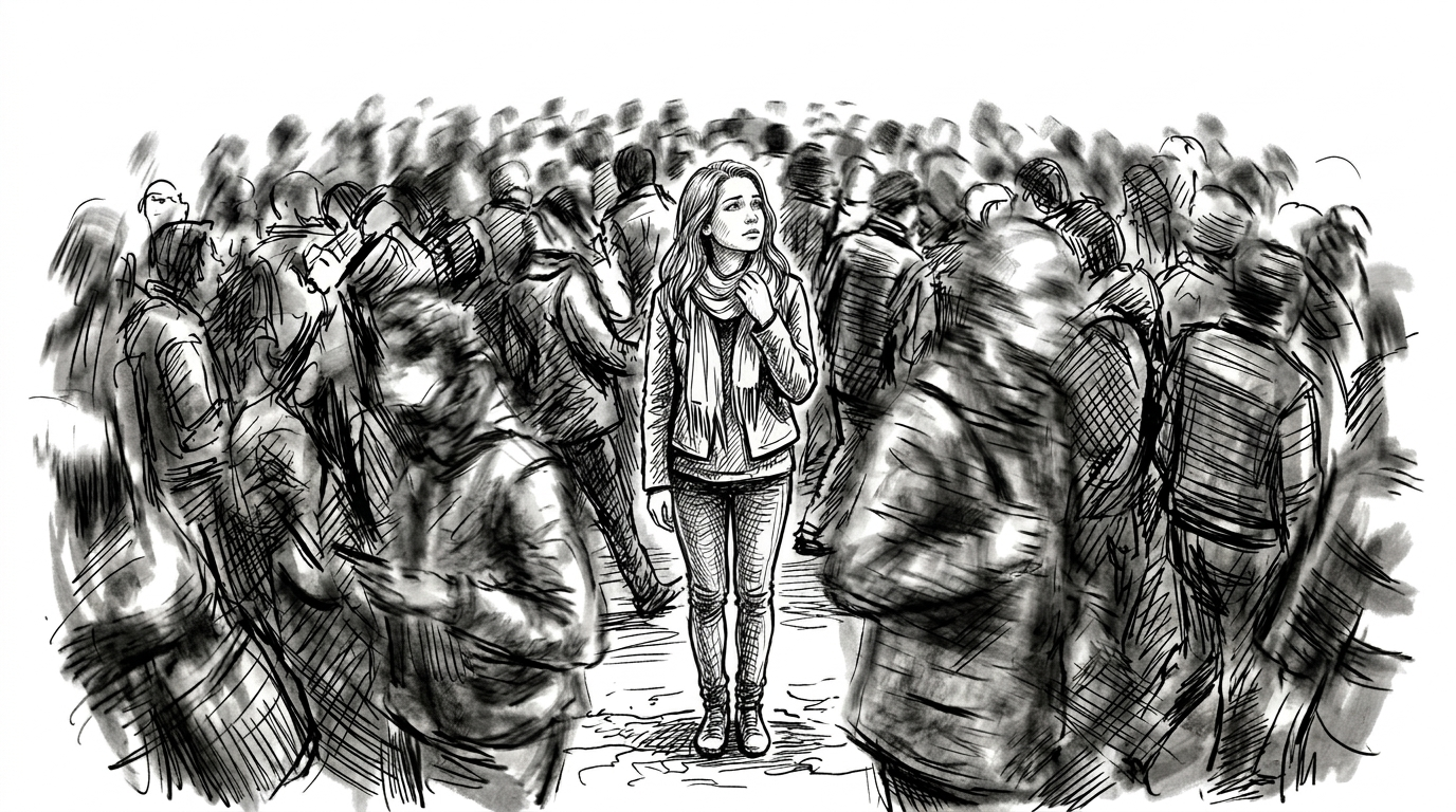 Line art illustration of a young woman standing clearly defined and still in the center of a blurred, moving crowd — representing the longing to be truly known and accepted, for the God Only Knows blog post by Craig Steckowski, LMFT