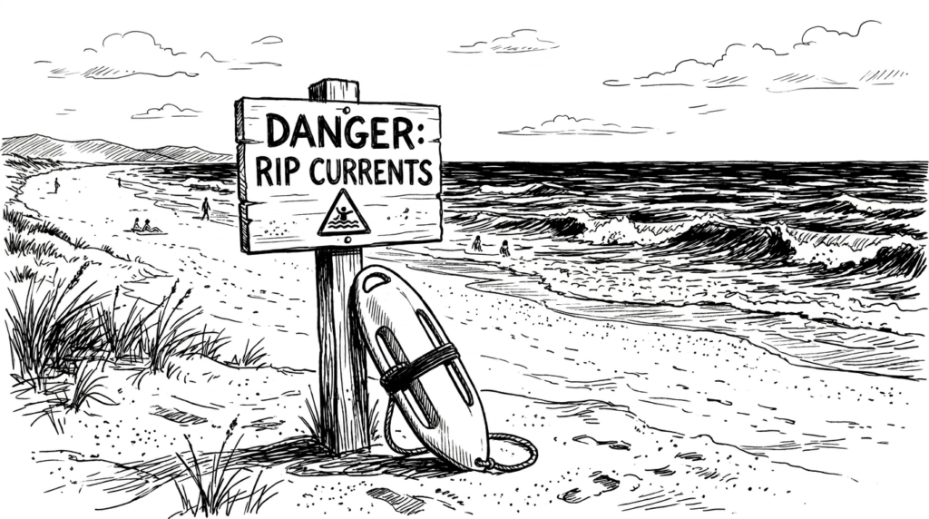 Line drawing of beach scene with danger rip currents warning sign and rescue buoy, representing counterintuitive strategies for emotional overwhelm in therapy