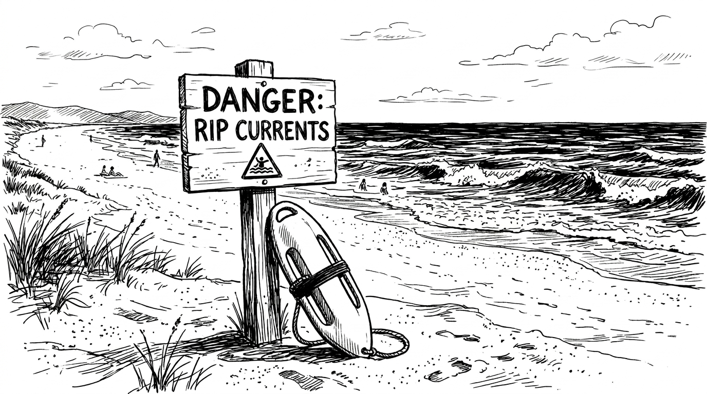 Line drawing of beach scene with danger rip currents warning sign and rescue buoy, representing counterintuitive strategies for emotional overwhelm in therapy