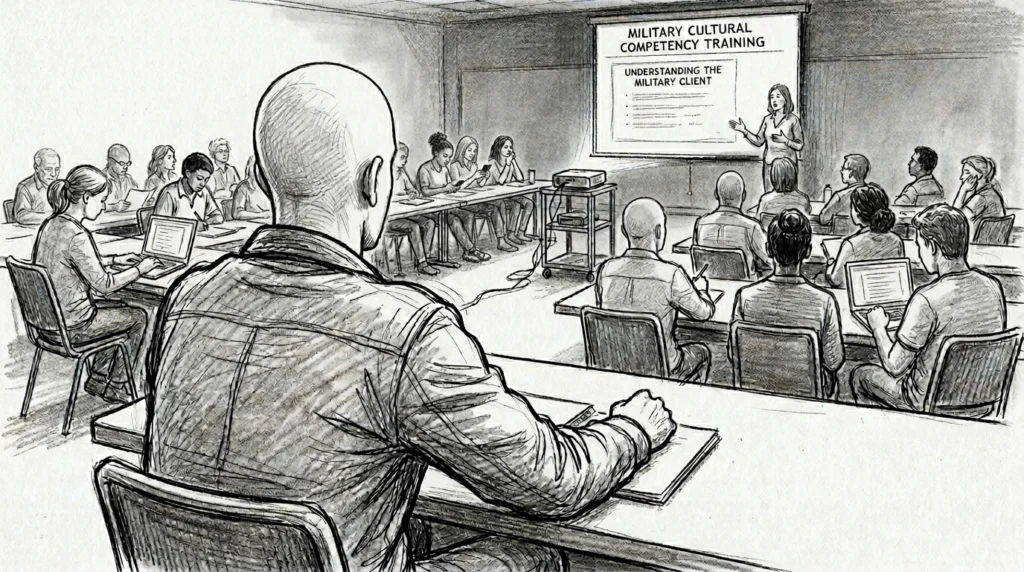 Pencil sketch of a bald male figure in the foreground observing a military cultural competency training, surrounded by a diverse group of therapists with varying levels of engagement, a projected screen at the front of the room reads Military Cultural Competency Training