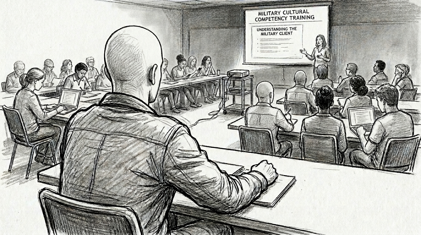 Pencil sketch of a bald male figure in the foreground observing a military cultural competency training, surrounded by a diverse group of therapists with varying levels of engagement, a projected screen at the front of the room reads Military Cultural Competency Training