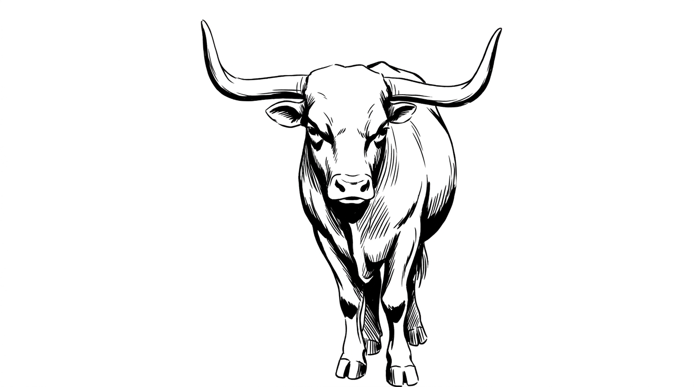 Black and white ink drawing of a large bull facing forward with a steady glare, representing an immovable obstacle and the concept of radical acceptance